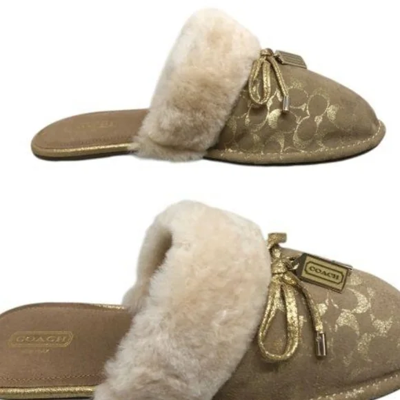 Coach Women's Darlene Tan/Gold Suede Signature Slide Slippers Size 9 NWOT - Picture 2 of 11